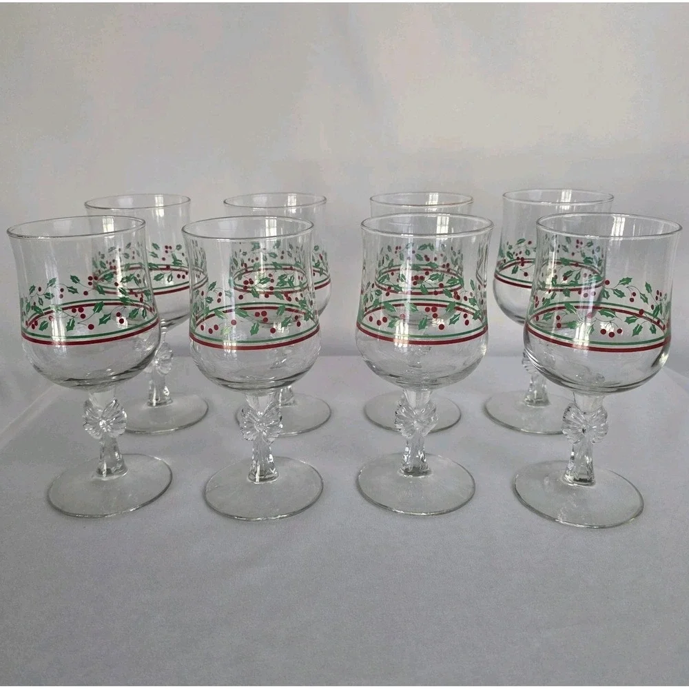 Arby's Libbey 1987 Holly & Berries Bow Stemmed Water Wine Glasses Set Of‎ 8